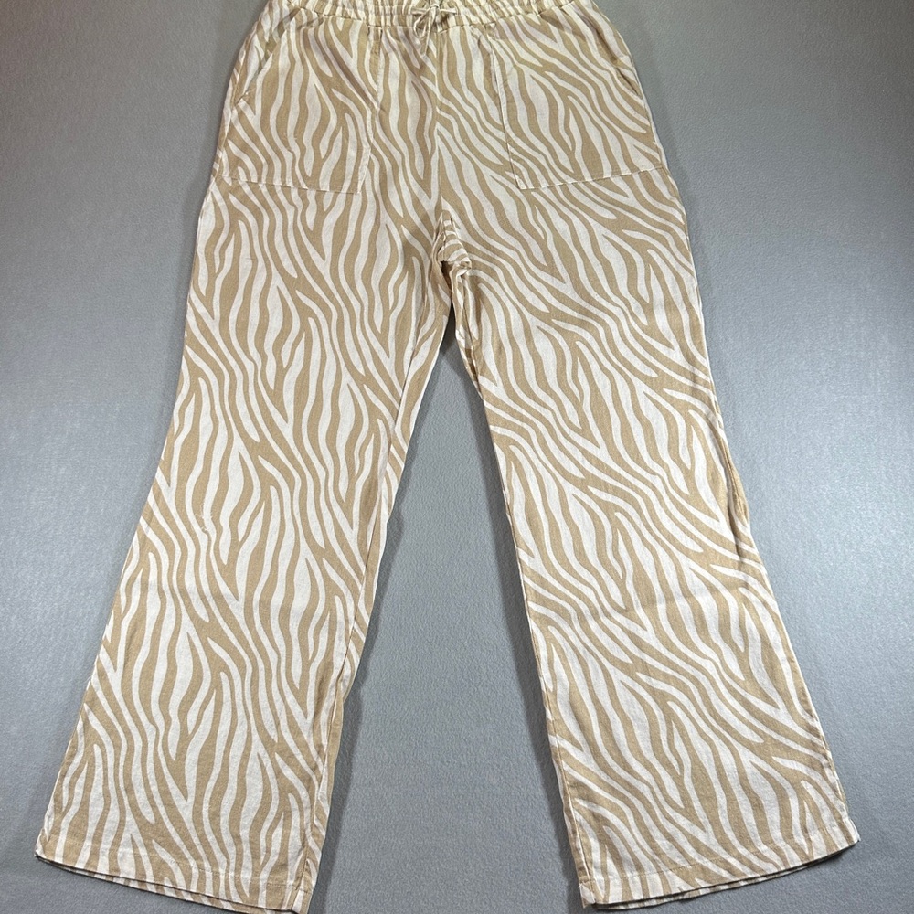 Happily Grey Linen Pants Women’s Large Animal Print Pull On Drawstring Tan/Cream